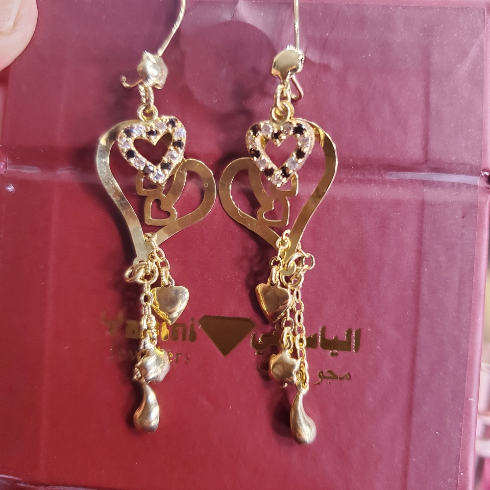 Elegent 18k Solid Gold Hearts Dangle Earrings - image 5